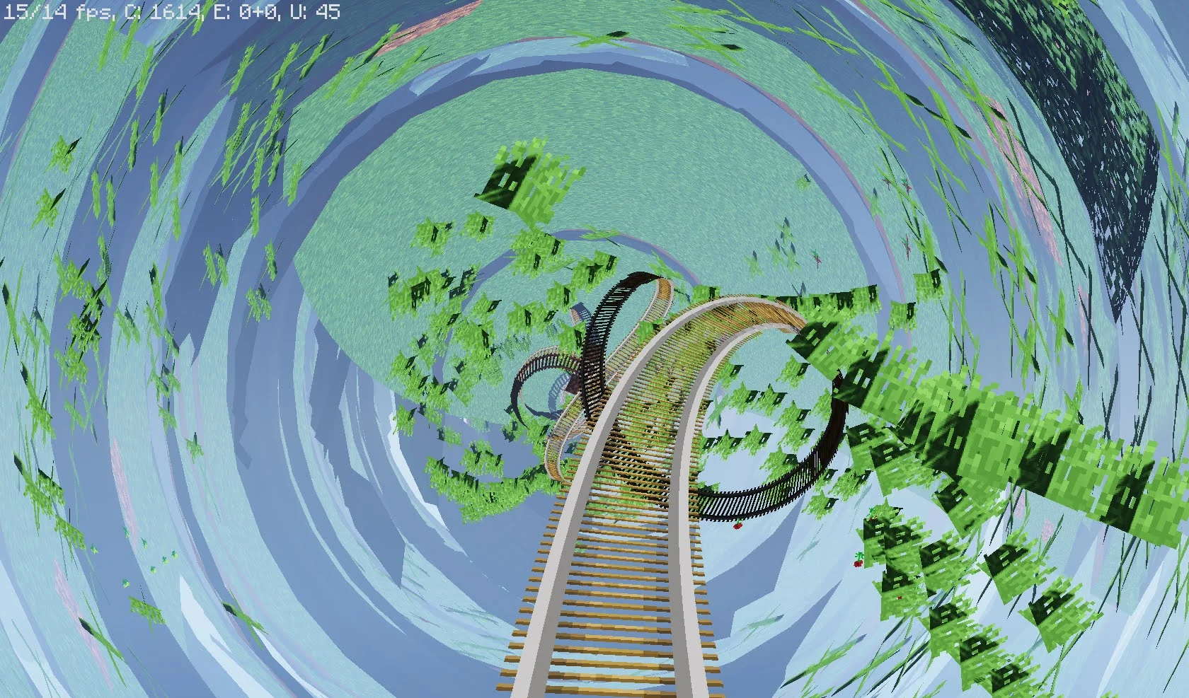 Frustum culled terrain. The rails are in a different sector (vertical chunk) and haven't been culled (just).
