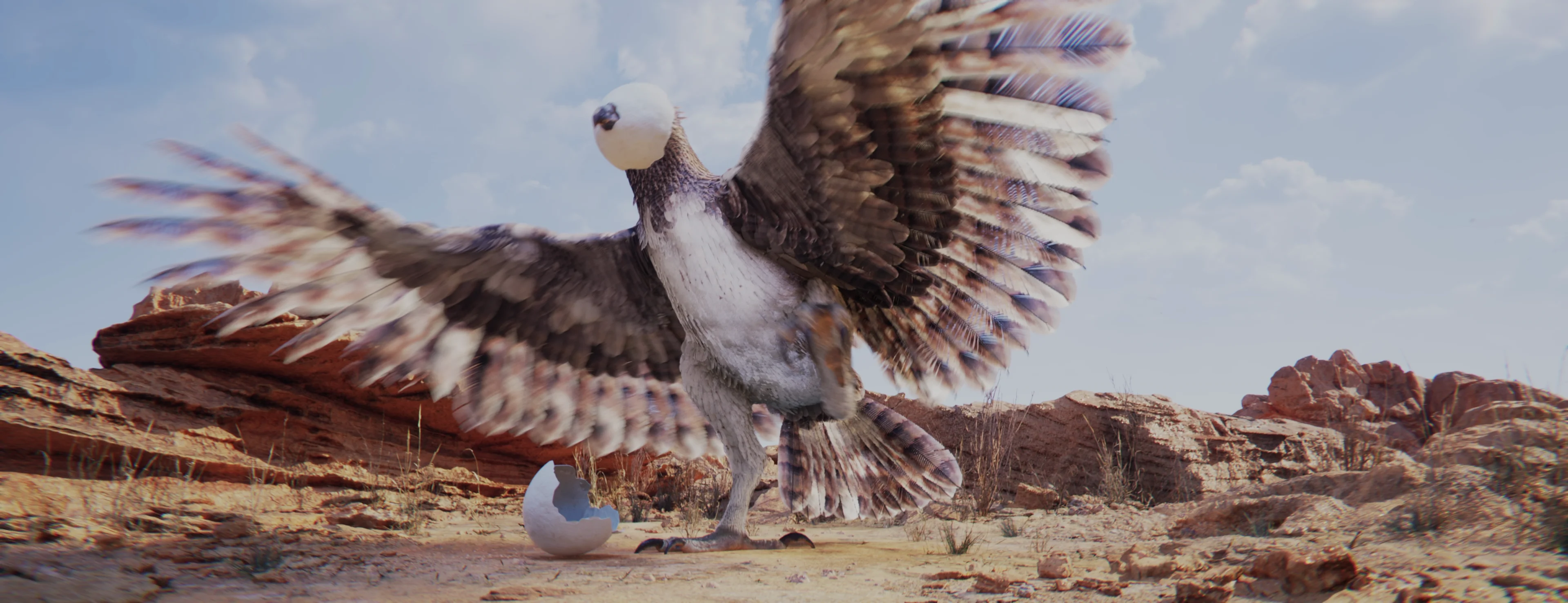 An eagle attempts to free its beak from a hole in a large egg